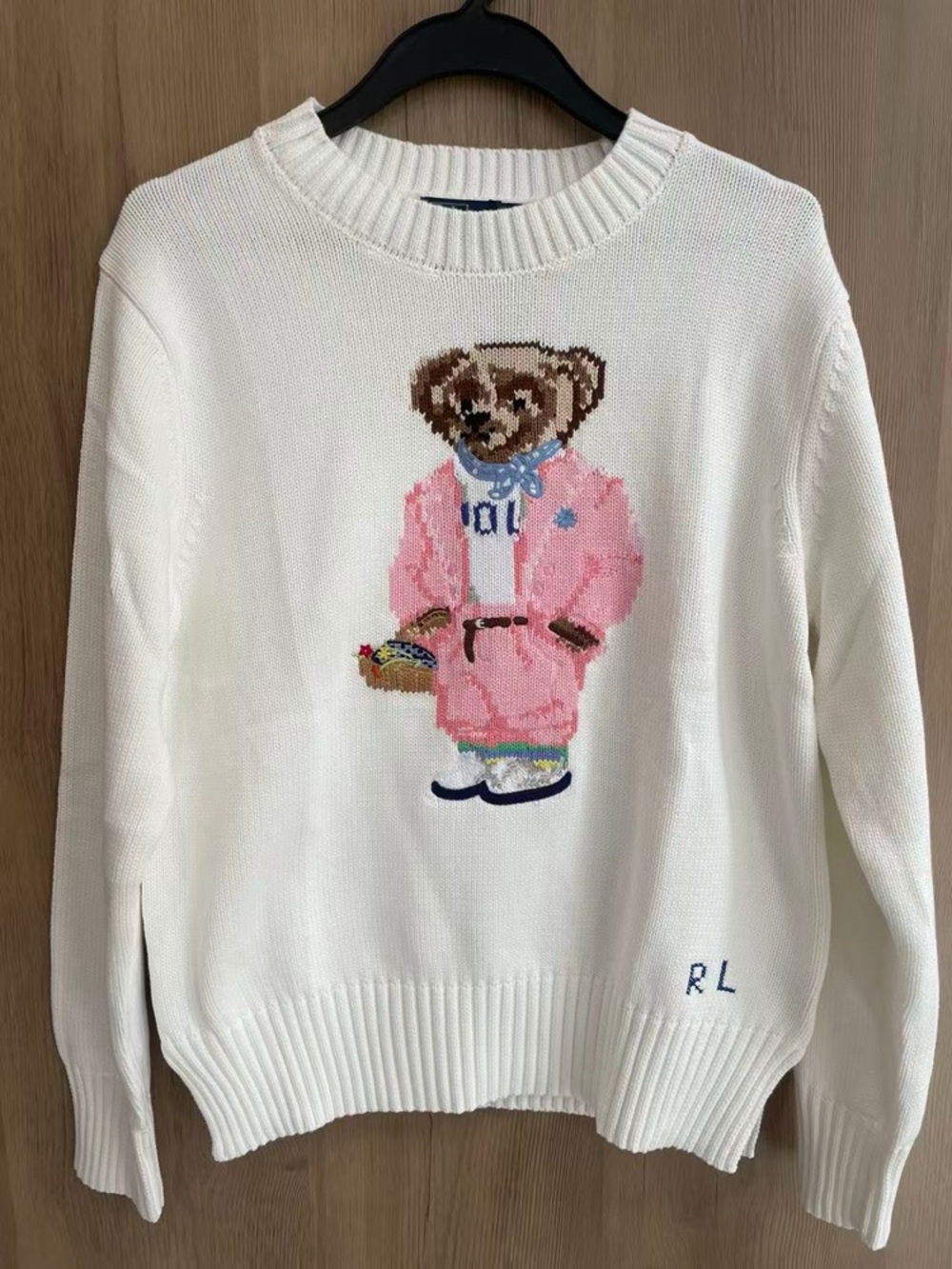 Ralph Lauren White Knit Bear Intarsia Turtleneck Sweater with Pink Accent
